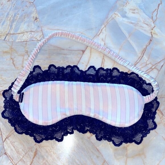 Victorias Secret “No Peeking” blindfold Silky Sleep Mask Pink Stripe Lace Trim - Picture 4 of 6